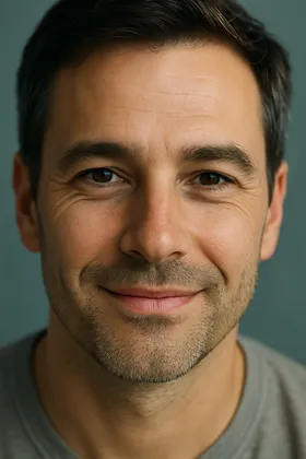 Natürlicher Mann mit echtem Lächeln und minimalen Krähenfüßen